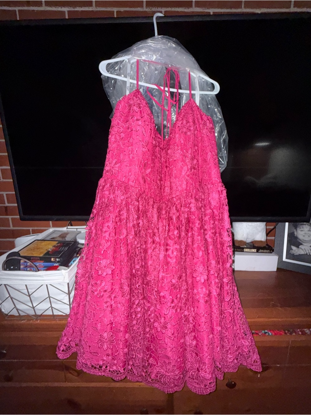 Women's Hot Pink Lace Spaghetti Strap Dress